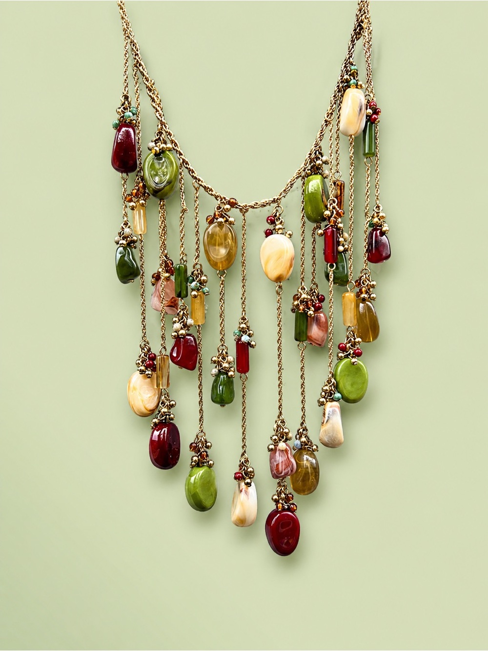 Zara Multicolor Fringe Pendant Necklace - Red, Green, Cream & Gold
